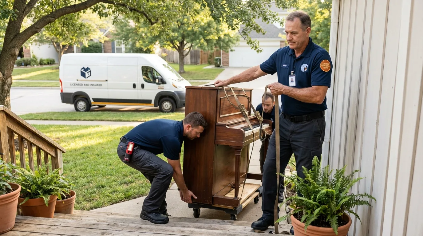 Licensed piano movers securing grand piano in Geneva, NE