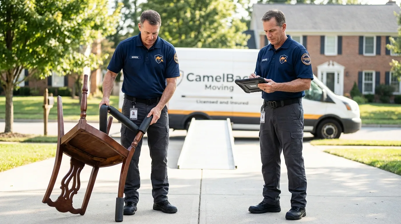Movers inspecting furniture for damage prevention before loading in Geneva, NE