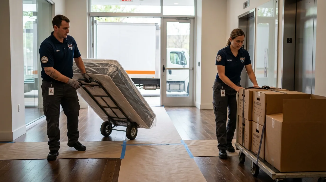 Professional apartment movers loading elevator in Geneva, NE